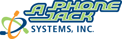Logo of A Phone Jack Systems, Inc. featuring stylized text and abstract overlapping shapes in orange, green, and blue.